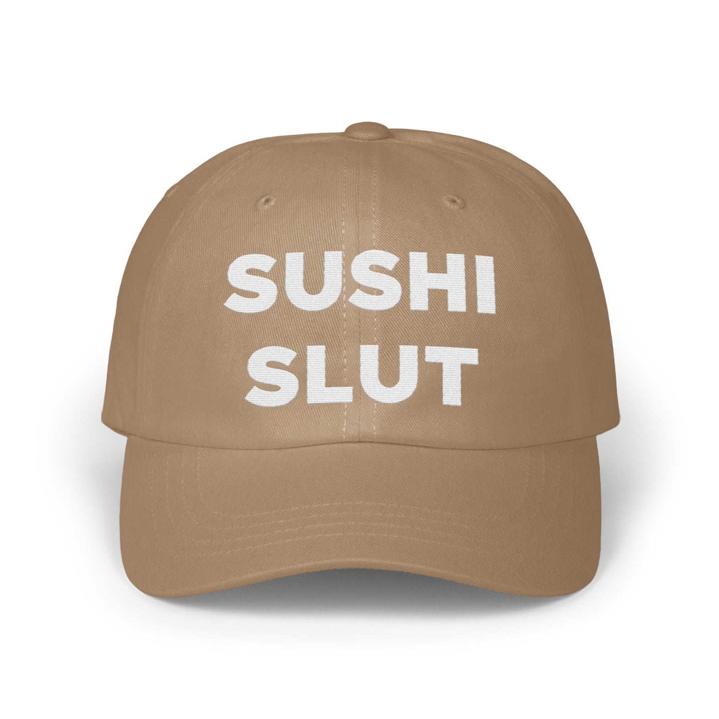 Brown Sushi Slut Hat with White Text Cap product type
