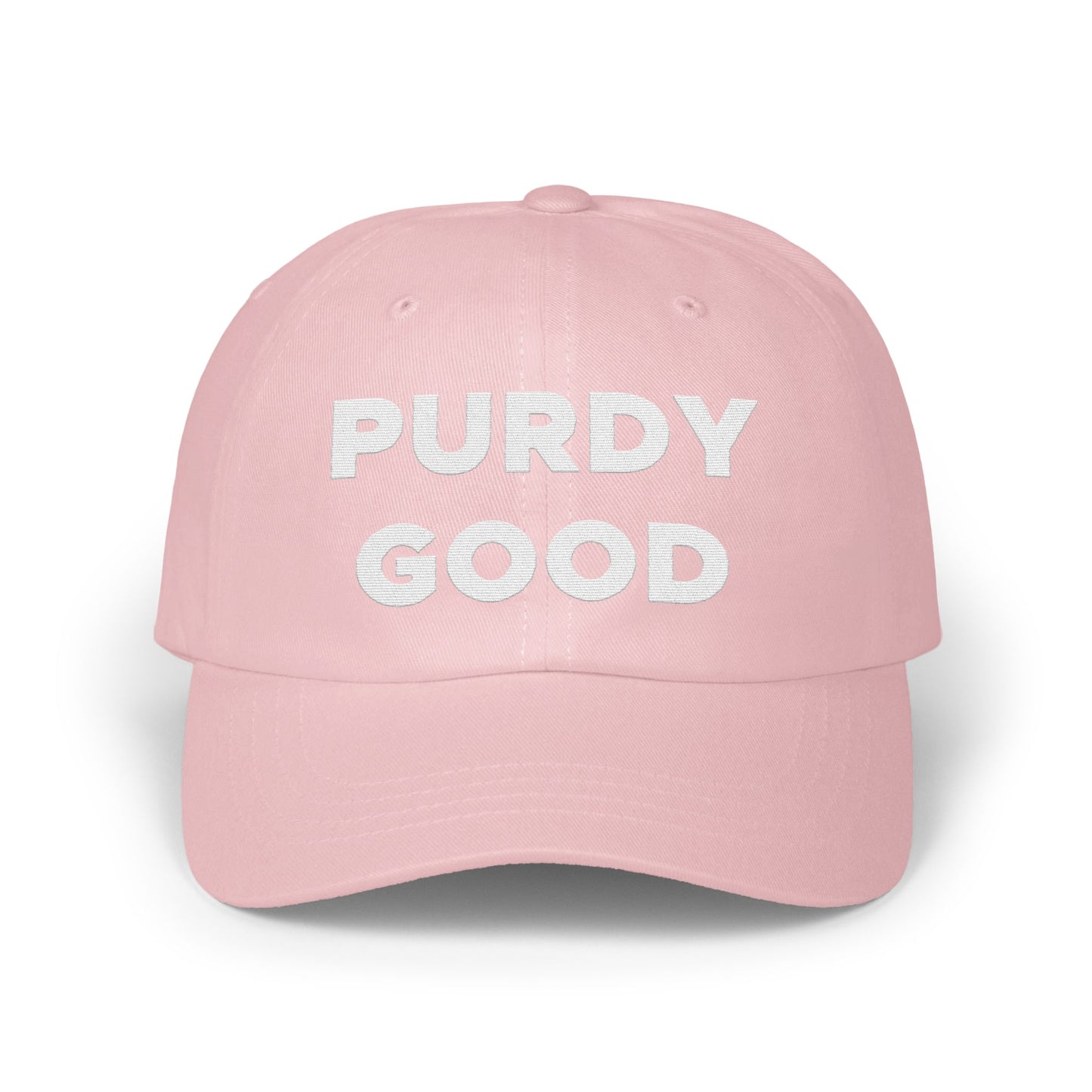 Purdy Good Pink Hat with Bold White Text Cap product type