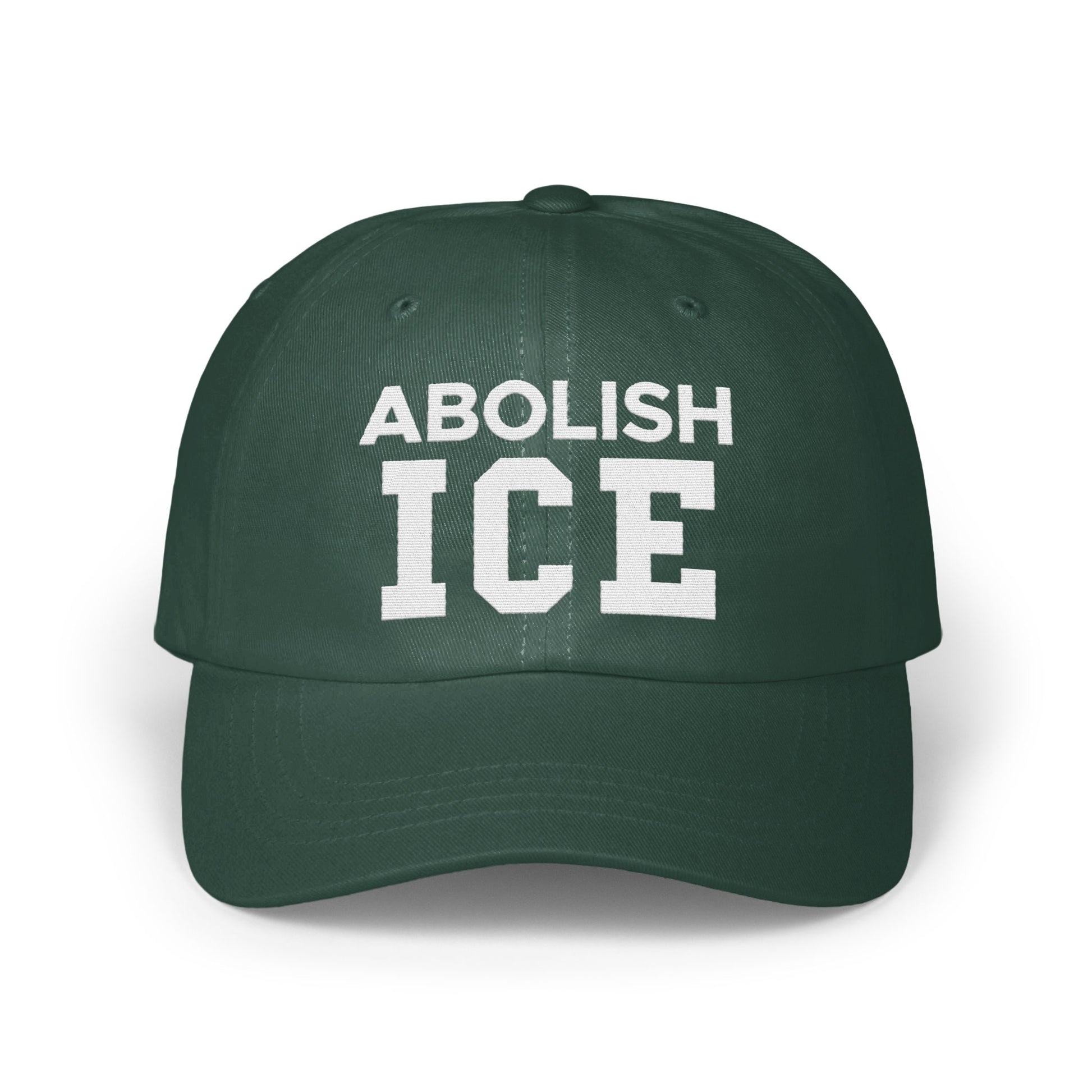 Abolish ICE statement on a dark green cap product
