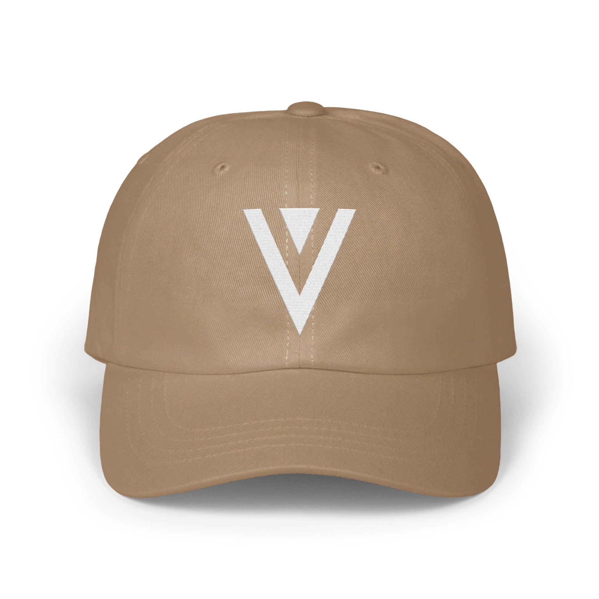 Stylish Tan Baseball Cap with White V Logo Hat product