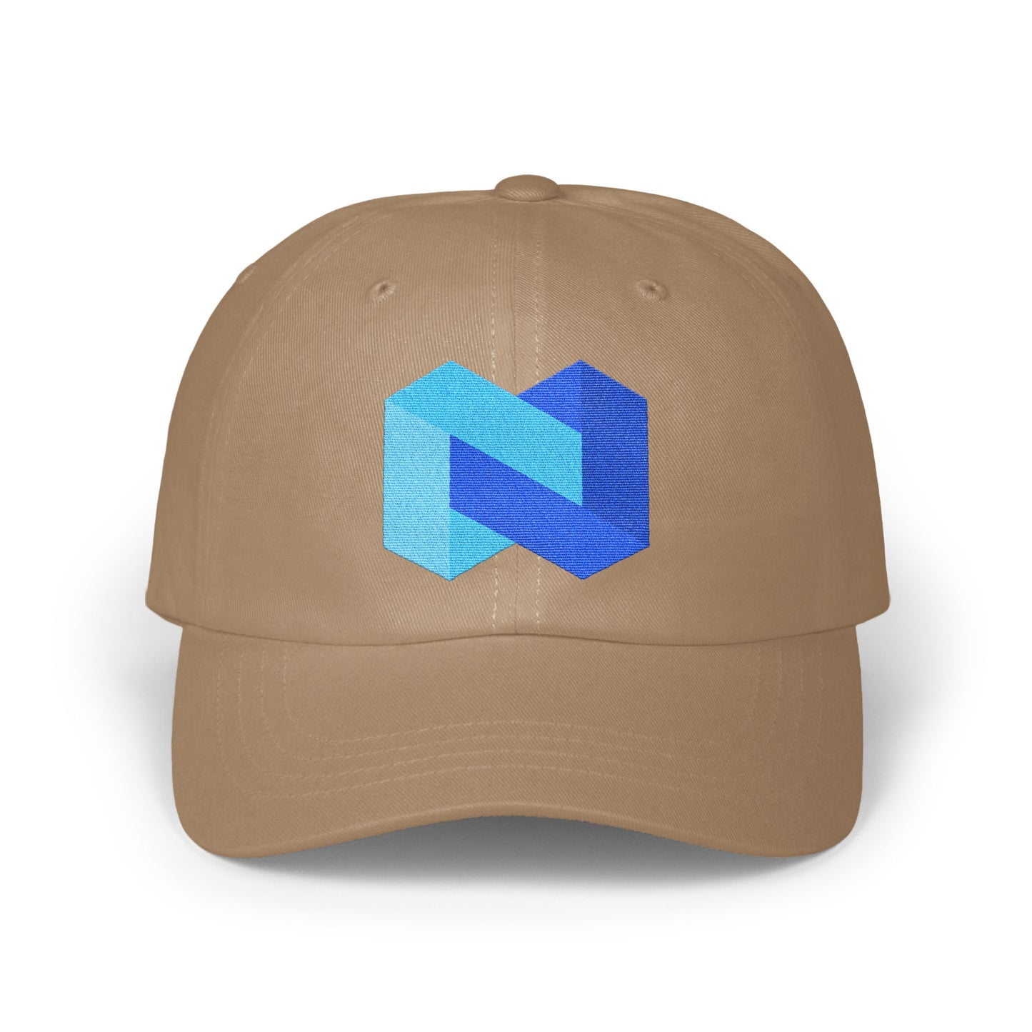 Geometric Blue Logo on Beige Cap design hat product type