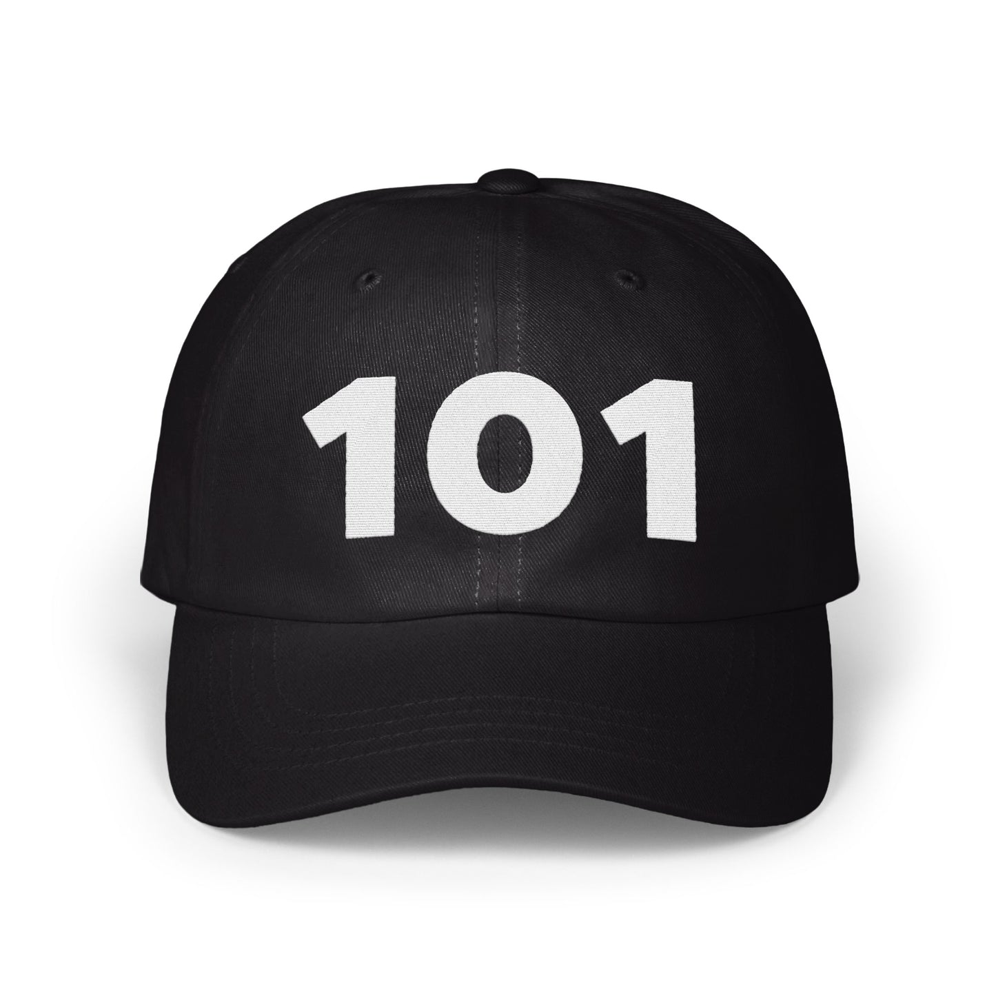 Bold Black Hat with 101 Print Casual Headwear product type