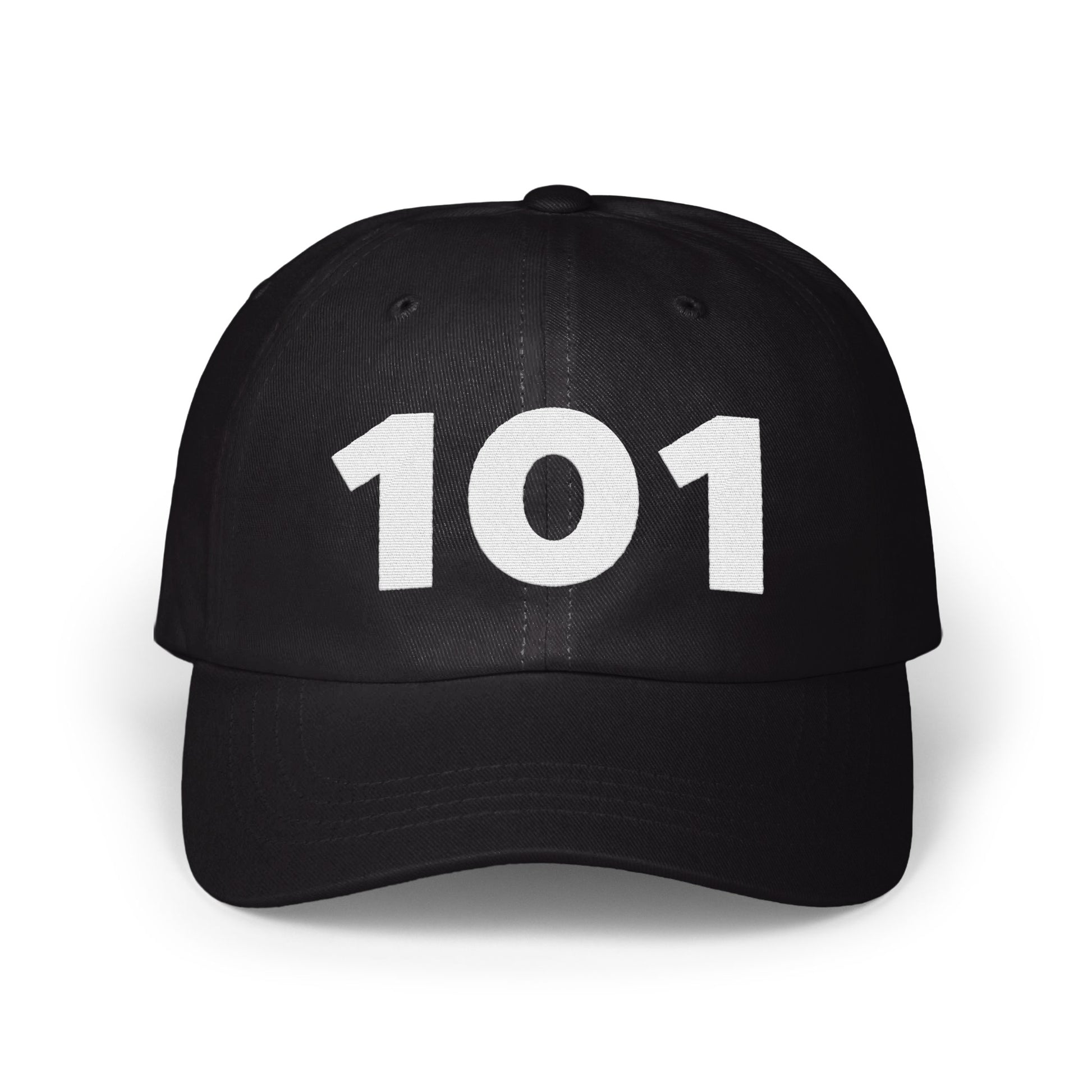 Bold Black Hat with 101 Print Casual Headwear product type