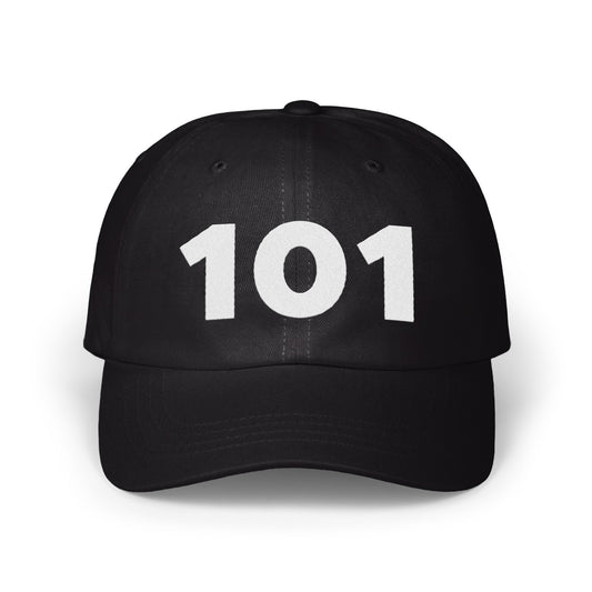 Bold Black Hat with 101 Print Casual Headwear product type